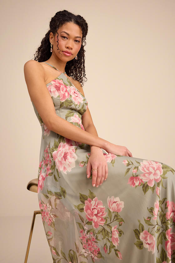 Romantic Marvel Sage Floral Print Halter Neck Maxi Dress