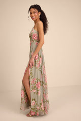 Romantic Marvel Sage Floral Print Halter Neck Maxi Dress