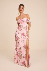 Magical Magnetism Light Pink Floral Off-the-Shoulder Maxi Dress