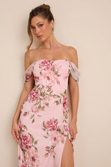 Magical Magnetism Light Pink Floral Off-the-Shoulder Maxi Dress