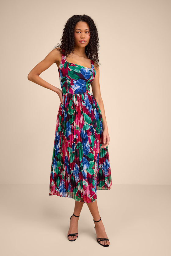 Malanda Fuchsia Multi Floral Pleated Midi Dress