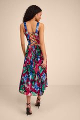 Malanda Fuchsia Multi Floral Pleated Midi Dress