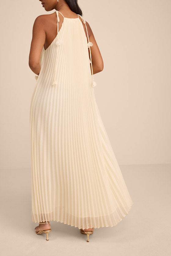 Naylani Cream Pleated Tie-Strap Maxi Dress