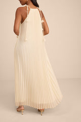 Naylani Cream Pleated Tie-Strap Maxi Dress