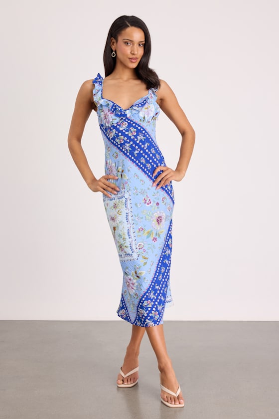 Mellie Blue Floral Scarf Print Ruffled Midi Dress