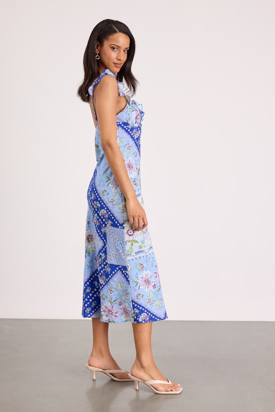 Mellie Blue Floral Scarf Print Ruffled Midi Dress