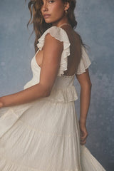 Meli Cream Mixed Media Tiered Midi Dress