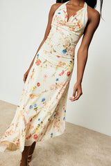 Asa Cream Floral Halter Asymmetrical Midi Dress
