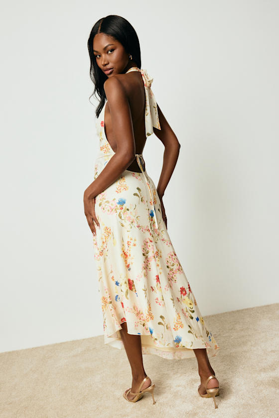 Asa Cream Floral Halter Asymmetrical Midi Dress