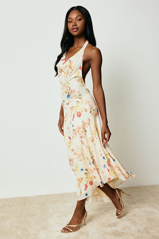 Asa Cream Floral Halter Asymmetrical Midi Dress