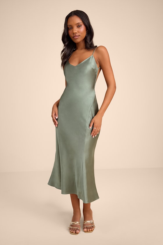 Val Sage Satin Backless Midi Dress