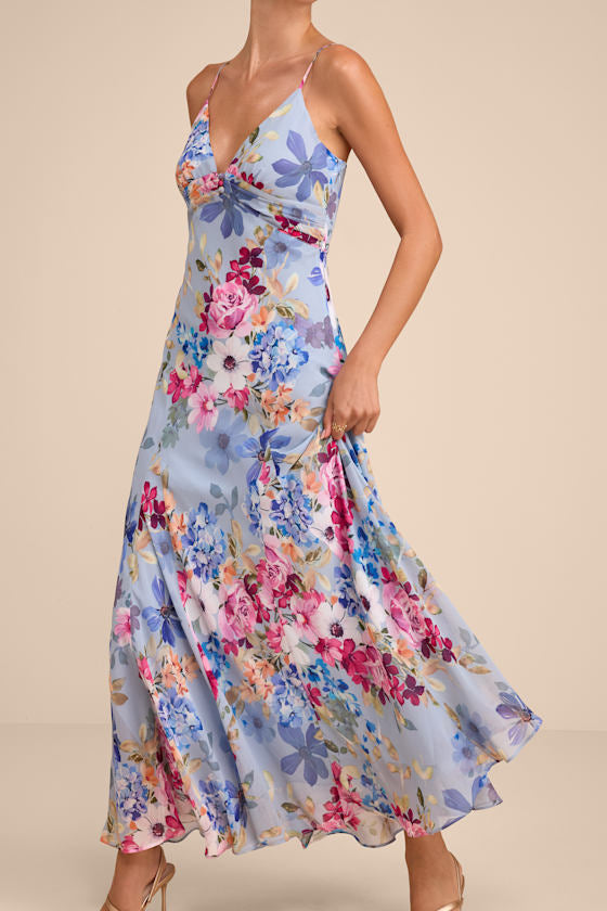 Meleia Light Blue Floral V-Neck Maxi Dress