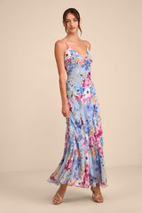 Meleia Light Blue Floral V-Neck Maxi Dress