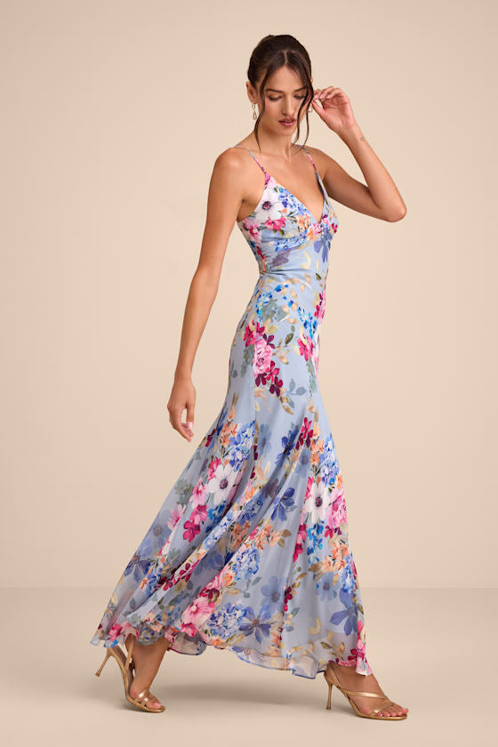 Meleia Light Blue Floral V-Neck Maxi Dress