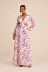 Melea Ivory and Purple Floral Pleated Cutout Maxi Dress