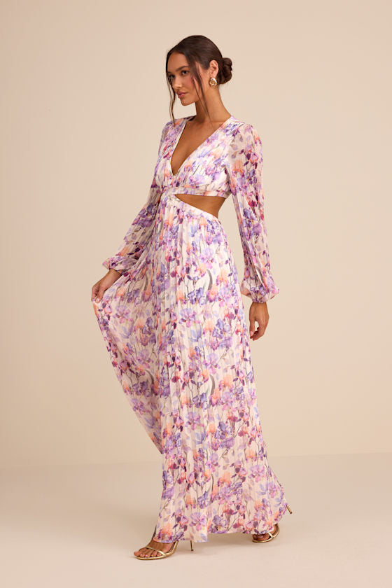 Melea Ivory and Purple Floral Pleated Cutout Maxi Dress
