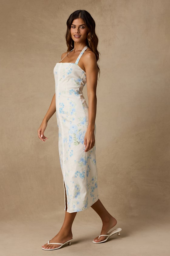 Arrosa White Floral Halter Midi Dress