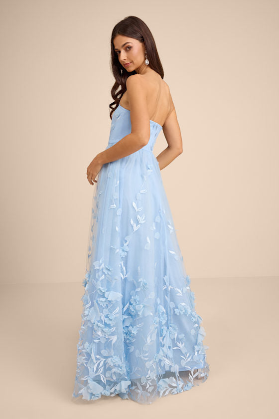 Lynly Light Blue 3D Floral Applique Tulle Maxi Dress