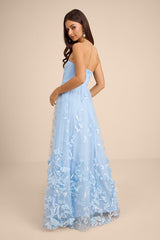 Lynly Light Blue 3D Floral Applique Tulle Maxi Dress