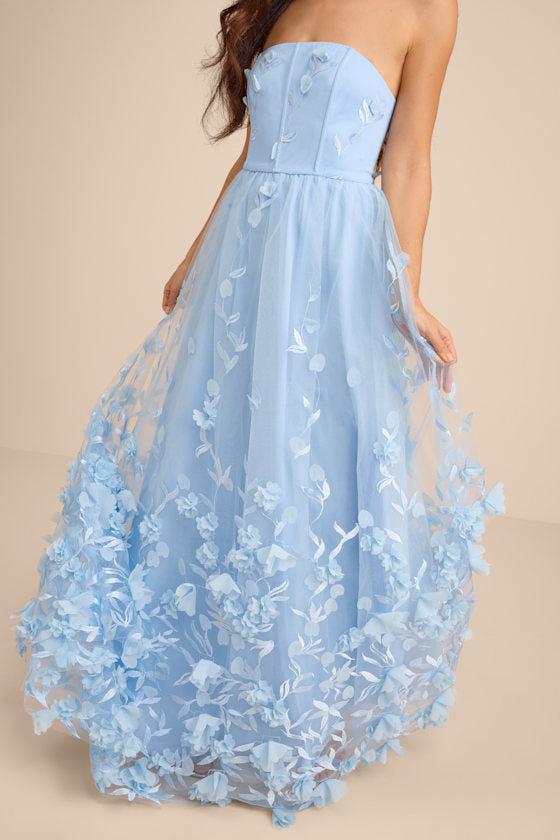 Lynly Light Blue 3D Floral Applique Tulle Maxi Dress