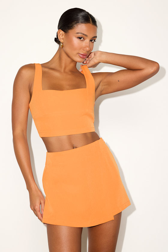 Exceptionally Styled Orange Lace-Up Two-Piece Skort Romper