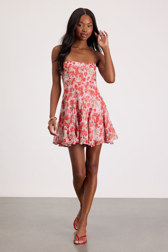 Sophrina Red Floral Halter Mini Dress