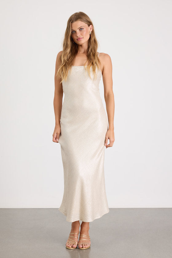 Frana Beige Tie-Back Slip Midi Dress