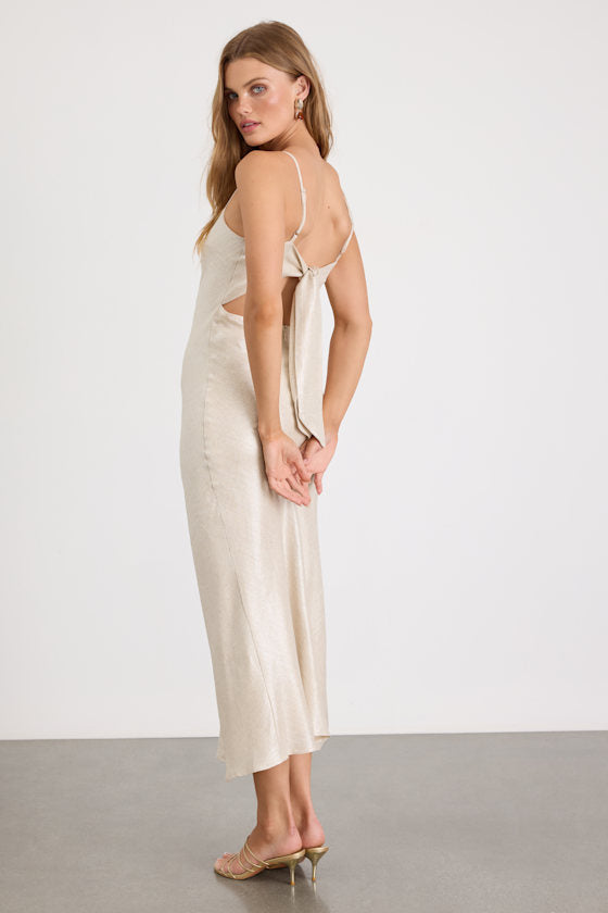 Frana Beige Tie-Back Slip Midi Dress