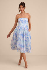 Eulalia Light Blue Floral Lace-Up Strapless Bustier Midi Dress