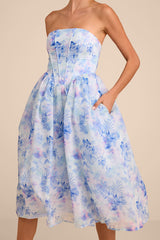 Eulalia Light Blue Floral Lace-Up Strapless Bustier Midi Dress