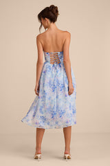 Eulalia Light Blue Floral Lace-Up Strapless Bustier Midi Dress