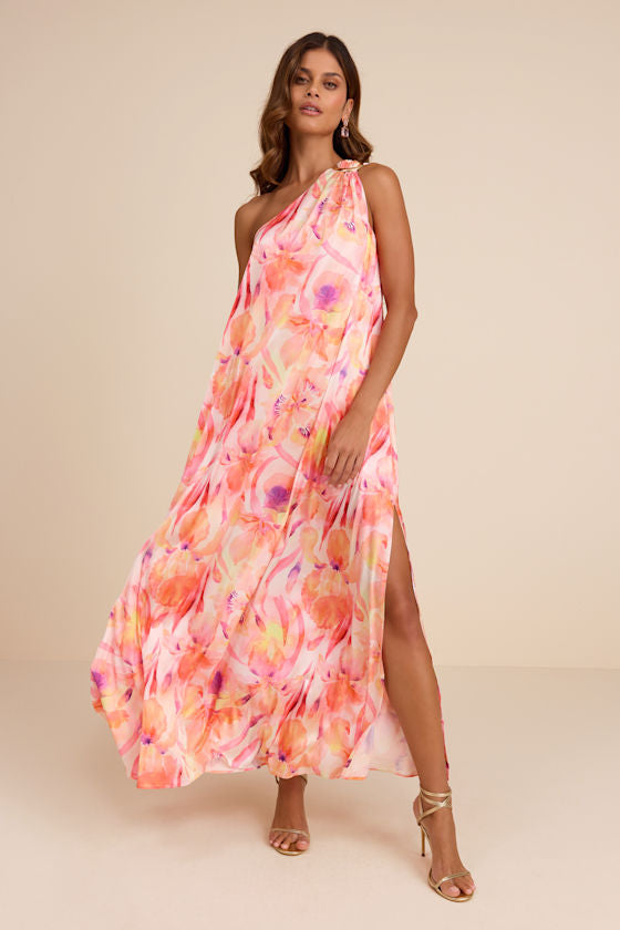 Goddess Aura Orange Multi Floral Satin One-Shoulder Maxi Dress