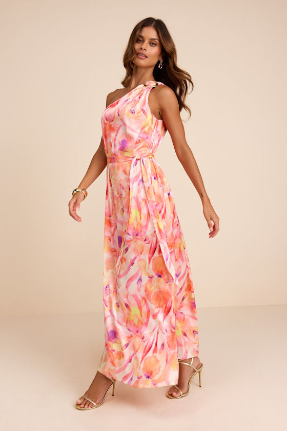 Goddess Aura Orange Multi Floral Satin One-Shoulder Maxi Dress