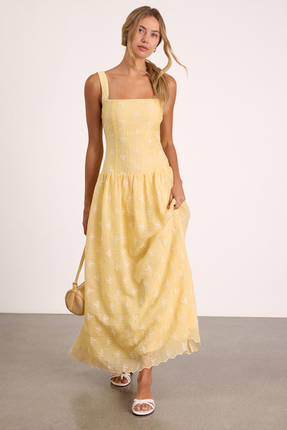 Starletta Yellow Embroidered Drop Waist Maxi Dress