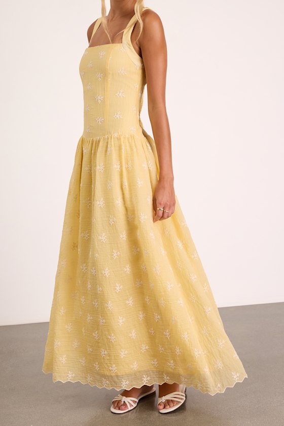 Starletta Yellow Embroidered Drop Waist Maxi Dress