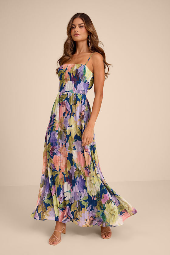 Holloway Dark Blue Multi Floral Pleated Maxi Dress