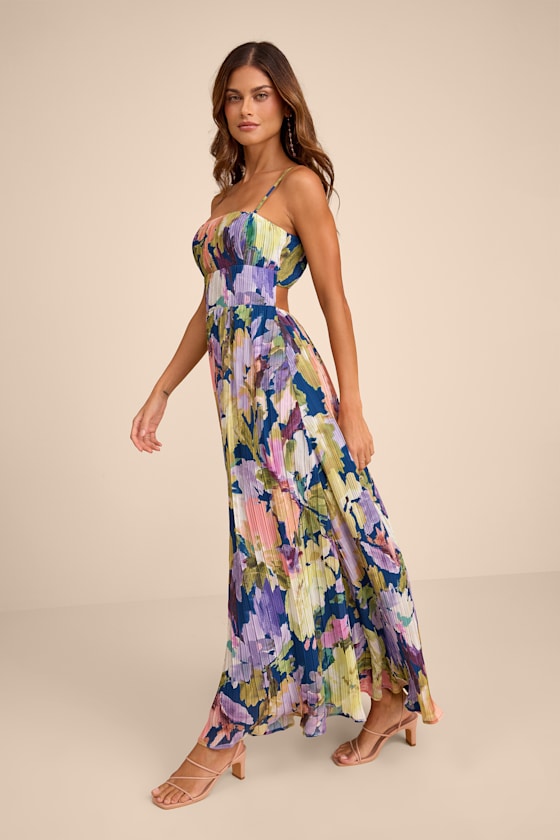 Holloway Dark Blue Multi Floral Pleated Maxi Dress