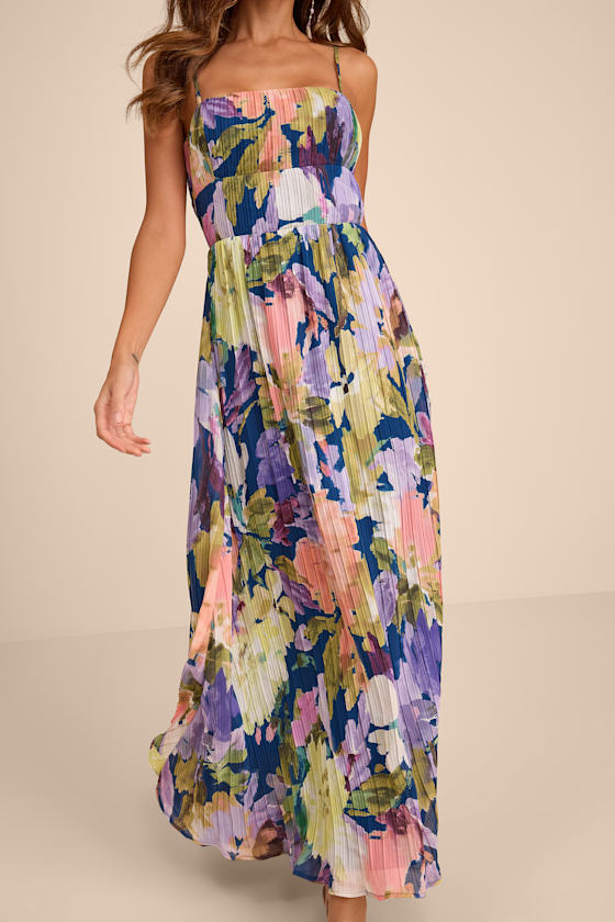 Holloway Dark Blue Multi Floral Pleated Maxi Dress