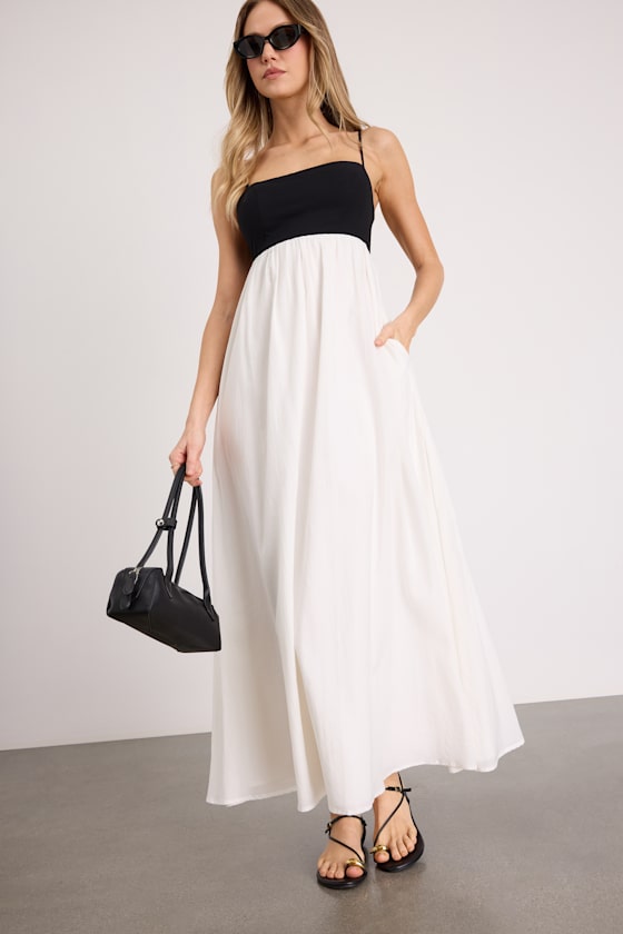 Janie Black and White Color Block Backless Maxi Dress