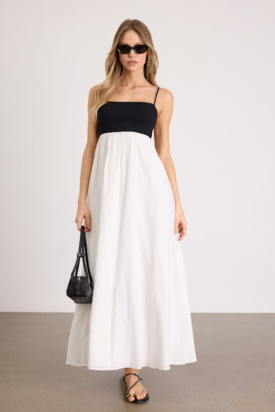 Janie Black and White Color Block Backless Maxi Dress