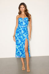 Chania Blue Abstract Strapless Midi Dess