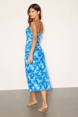Chania Blue Abstract Strapless Midi Dess