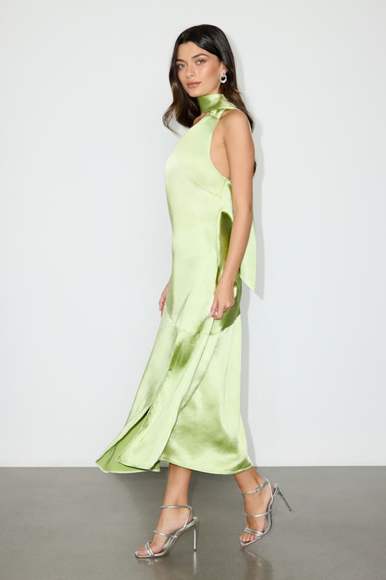 Reglan Lime Satin One-Shoulder Sash Midi Dress