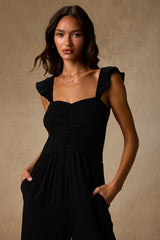 Daniyah Black Smocked Flutter Sleeve Wide-Leg Jumpsuit