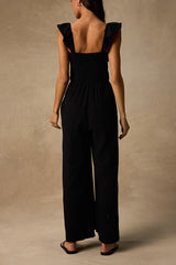 Daniyah Black Smocked Flutter Sleeve Wide-Leg Jumpsuit