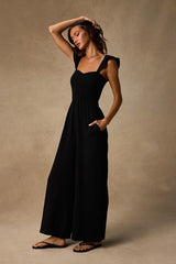 Daniyah Black Smocked Flutter Sleeve Wide-Leg Jumpsuit