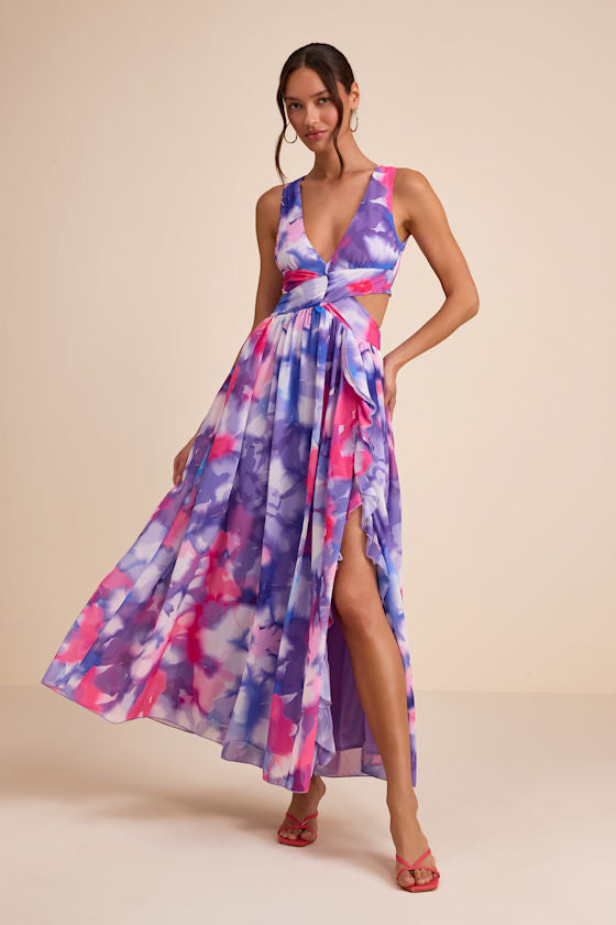 Elisanna Purple Multi Floral Lace-Up Midi Dress