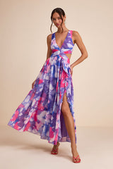 Elisanna Purple Multi Floral Lace-Up Midi Dress