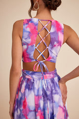 Elisanna Purple Multi Floral Lace-Up Midi Dress