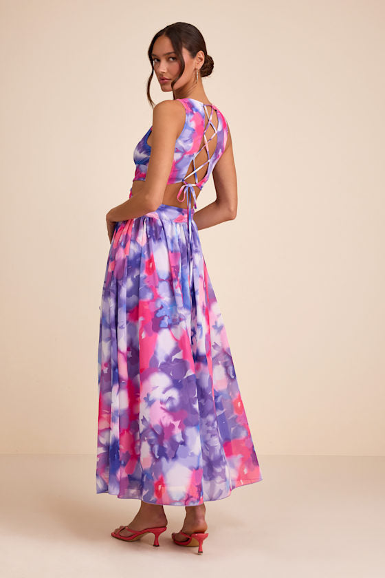 Elisanna Purple Multi Floral Lace-Up Midi Dress